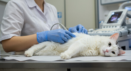 Vet performs ultrasound on white cat in veterinary clinic. Pet, feline, diagnostic, care concept.