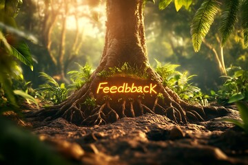 Feedback glows on tree roots in lush, sunlit jungle.
