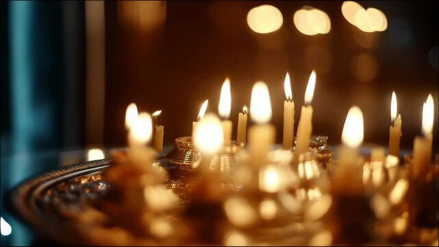 Burning candles placed on an ornate tray reflecting ambient light in a religious, spiritual setting creating warm atmosphere. - Powered by Adobe