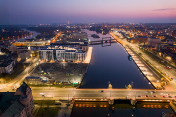 Szczecin Night Aerial: Waterfront, Bridges, and City Lights
