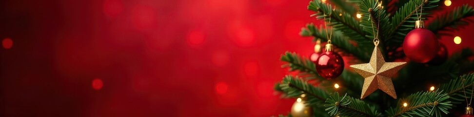 Obraz premium Red backdrop, Christmas tree adorned with gold star ornaments, bokeh lights , ornaments, pattern, abstract