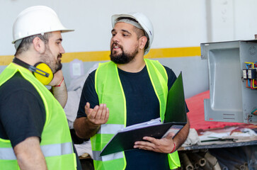 Two male workers holding a binder and wearing safety gear checking on a machine at construction...