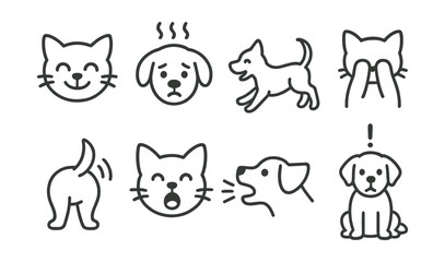Line style icons of pet behavior: happy pet icon, anxiety symbol, playful motion, hiding face, wagging tail, meowing symbol, barking alert, attention icon.