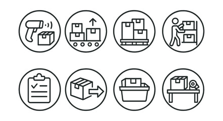 Line style icons of warehouse processes in circles: package scanning, sorting area, pallet stacking, item picking icon, inventory list, dispatch icon, order bin, packing station.