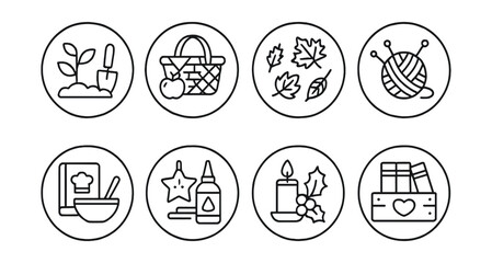 Line style icons of seasonal hobbies in circles: spring planting, summer picnic, autumn leaves, winter knitting, seasonal recipe, holiday crafting, seasonal decor, themed collection.