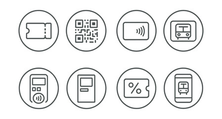 Line style icons of tickets and fares in circles: paper ticket, QR fare code, contactless card, travel pass icon, fare payment terminal, ticket machine, discount pass, transit app screen.