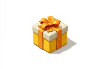 Obraz premium Gift box present yellow orange ribbon isometric view holiday celebration birthday anniv