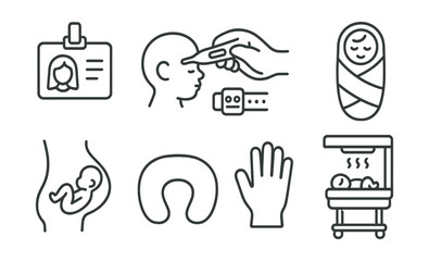 Line style icons of childbirth: mother&rsquo;s ID badge, newborn temperature check, hospital newborn band, newborn swaddle wrap, baby delivery icon, support pillow, soft touch glove, infant warmer unit.