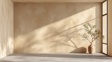 SunKissed Serenity Minimalist Room with Plant and Light.