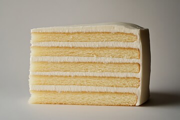 Fototapeta premium Layered vanilla cake slice with white frosting, clean studio lighting.