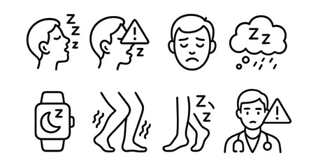 Line style icons of healthy sleep: snoring icon, sleep apnea alert, insomnia face icon, restless sleep cloud, sleep aid tracker, restless legs symbol, oversleep warning, alert sleep doctor.