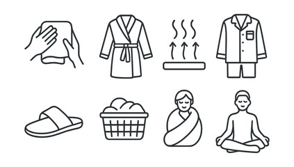 Line style icons of body care: gentle towel pat, bathrobe icon, warm drying air, fresh pajamas, cozy slipper icon, laundry basket, self-comfort wrap, peaceful body pose.