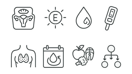 Line style icons of women’s health: hormonal balance icon, estrogen symbol, progesterone level, hormone testing kit, endocrine system symbol, PMS tracker, hormone-friendly foods, hormone flow chart.