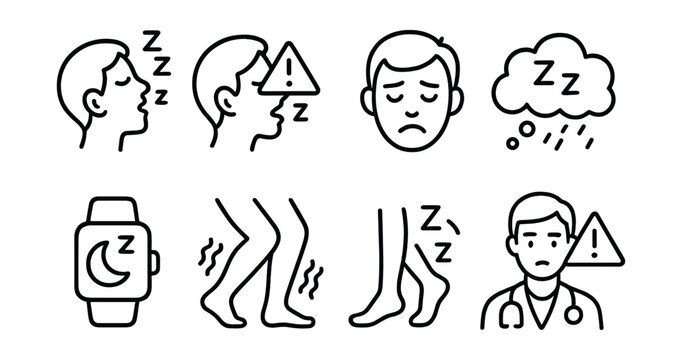 Line style icons of healthy sleep: snoring icon, sleep apnea alert, insomnia face icon, restless sleep cloud, sleep aid tracker, restless legs symbol, oversleep warning, alert sleep doctor.
