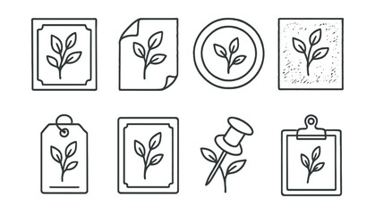 Line style icons of botanical illustration: botanical print icon, archival paper leaf, natural dye color ring, textured ink drawing, botanical museum tag, pressed plant archive, drawing pin and stem,