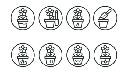 Line style icons of potted flowers: self-watering flower pot, water level indicator, drainage hole icon, repotting scoop symbol, root healthy icon, air circulation pot, breathable liner pot, wick