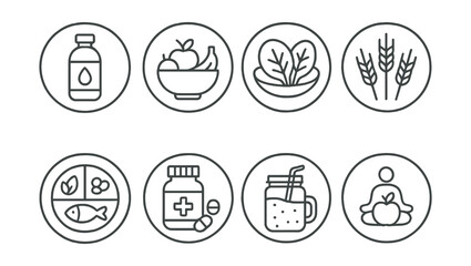 Line style icons of wellness and healthy living: water bottle with drop, fruit bowl icon, leafy greens plate, whole grains symbol, balance meal plate, vitamins container, smoothie jar, mindful snack