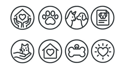 Line style icons of pets at home: adoption symbol, rescue paw icon, meet your match badge, pet story card, foster to adopt icon, forever home ring, new name tag, celebration heart. Circular icons