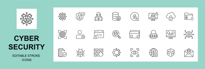Cyber security icon set. Data protection symbol. Secured network icon collection. Technology concept. Editable stroke.
