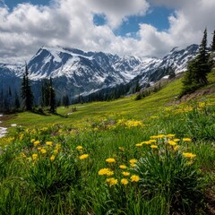 Fototapeta premium an alpine meadow filled with wild green grass yellow flowers and snowcapped peaks in the background