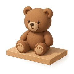 Obraz premium Cute brown teddy bear sitting on a light brown wooden block, concept for children's illustration, toy design, or product packaging