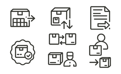 Line style icons of inventory management: inventory movement icon, item in/out tracker, transfer slip icon, pick and pack badge, stock relocation arrows, item checkout process, move log record,