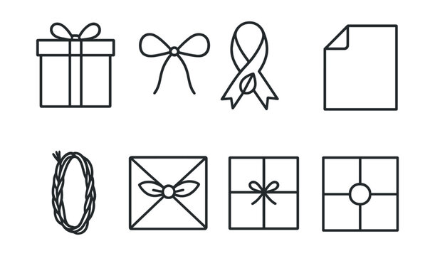 Line style icons of packaging and branding: gift wrap box, string with bow, eco-friendly ribbon, paper wrap fold icon, natural fiber string, cloth wrap alternative, flat lay of wrapped item, closed