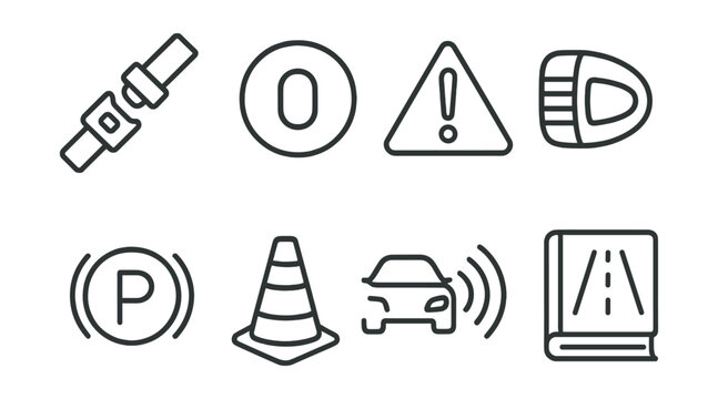 Line style icons of road safety: seatbelt reminder, speed limit sign, caution triangle, headlight icon, emergency brake, road hazard cone, blind spot icon, road rules book.