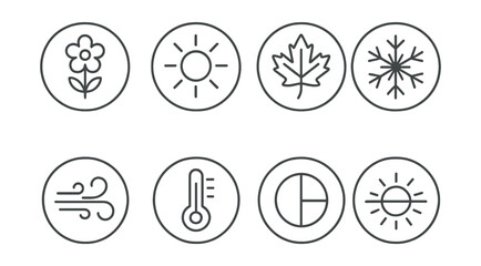 Line style icons of seasonal changes in circles: spring bloom, summer sun, autumn leaf, winter snowflake, seasonal wind, temperature chart, equinox icon, solstice badge.