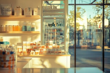 Brightly lit retail space featuring shelves of skincare products and natural light