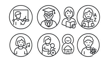 Line style icons of education professions in circles: school teacher board, university professor icon, tutor with book, language instructor, music teacher note, special ed icon, early childhood badge