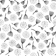 Ink line floral hand drawn seamless pattern. Vector background