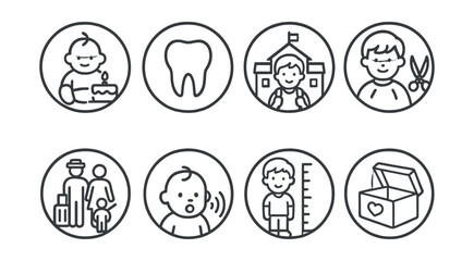 Line style icons of parenting milestones in circles: baby&rsquo;s first birthday, first tooth, preschool enrollment, first haircut, family vacation, first words, growth leap, keepsake box.
