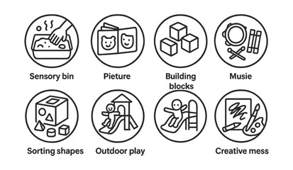 Naklejka premium Line style icons of learning and play in circles: sensory bin, picture books, building blocks, role play toys, music instruments, sorting shapes, outdoor play, creative mess.
