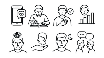 Line style icons of men’s health: mental health app, journaling icon, daily check-in, mood bar chart, inner critic face, self-acceptance hand, quiet moment icon, community peer talk.