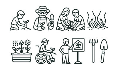 Line style icons of garden and greenhouse: child planting icon, elder gardener icon, gardening with family, hands in soil, sensory garden icon, therapeutic planting, garden education symbol, shared