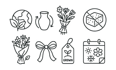 Line style icons of floristry: sustainable floristry icon, reusable vase, dried bouquet, no floral foam, compostable wrap, eco ribbon icon, locally grown tag, seasonal bloom calendar.