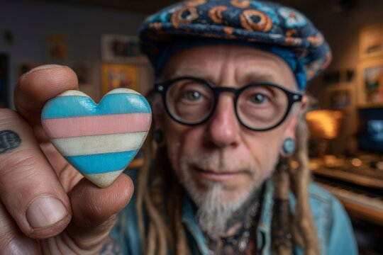 A person holding a heartshaped object with trans pride flag colors symbolizing love and accep