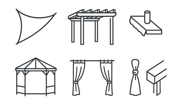 Line style icons of garden structures: sun shade sail, pergola rafters, adjustable awning, umbrella base, gazebo frame, outdoor curtain, fabric tie, roof beam detail.