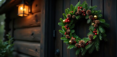 Dark green & gold wreath, pine cones, berries, cozy cabin door , wreath, green, berries