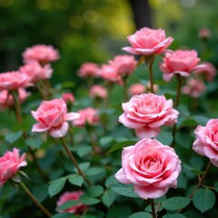 Elegant pink rose bush, slender stems, lush garden , garden, flowering, nature