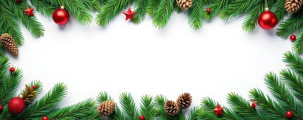 Festive evergreen border of fir branches and pine cones , natural, organic, fir