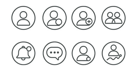 Line style icons of online communication: follower icon, following badge, add friend ring, connection symbol, notification bell, message request icon, online presence dot, user activity chart.