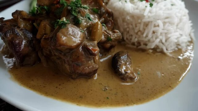 Savory braised oxtail stew simmered in a rich gravy sauce, served alongside white rice, garnished with fresh parsley, displayed on a white plate