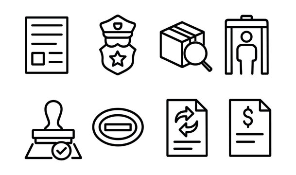 Line style icons of international logistics: customs declaration form, customs officer badge, package inspection icon, security checkpoint symbol, approval stamp icon, declaration sticker,