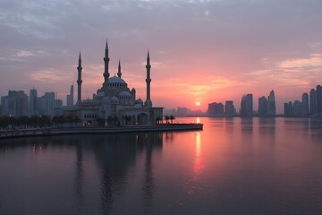 Obraz premium How Sharjah New Mosque Sunset View Captivates 