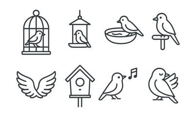 Line style icons of birds: bird cage, feeder, water tray, perch icon, flying wings, birdhouse, singing note, bird grooming.