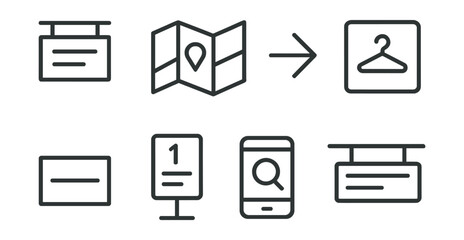 Line style icons of store navigation: aisle sign, shopping map, directional arrow, department icon, section divider, floor guide, product finder app, overhead labels.