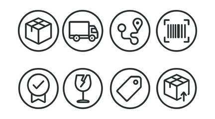 Line style icons of delivery process in circles: delivery box, shipping truck, route location, barcode scan, arrival badge, fragile symbol, delivery label, package movement.