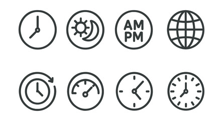 Line style icons of time symbols in circles: clock hand icon, sun and moon ring, AM/PM icon, time zone badge, rotating arrow clock, speed dial, second hand symbol, analog face.